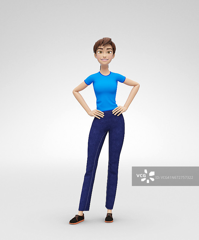邀请和快乐珍妮- 3D卡通女性角色模型-微笑和亲切在轻松的方式，在休闲服装图片素材