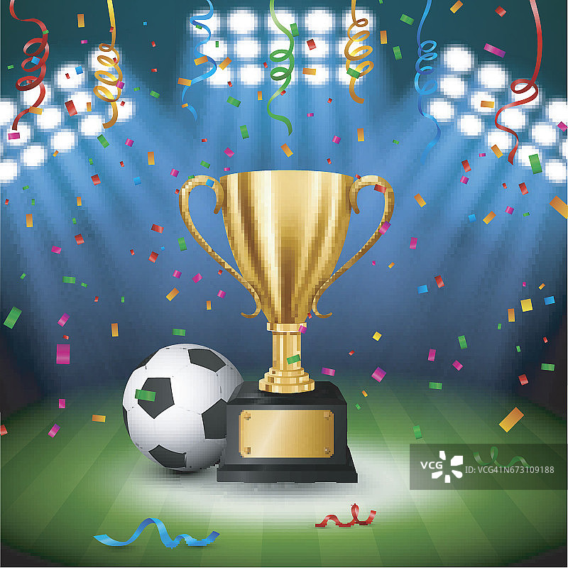 足球冠军与金色奖杯与飘落的五彩纸屑和照亮的聚光灯，矢量插图图片素材