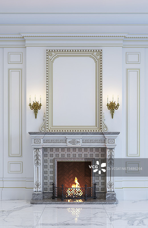 经典室内背景中的壁炉采用了浅色调。3 d渲染。图片素材