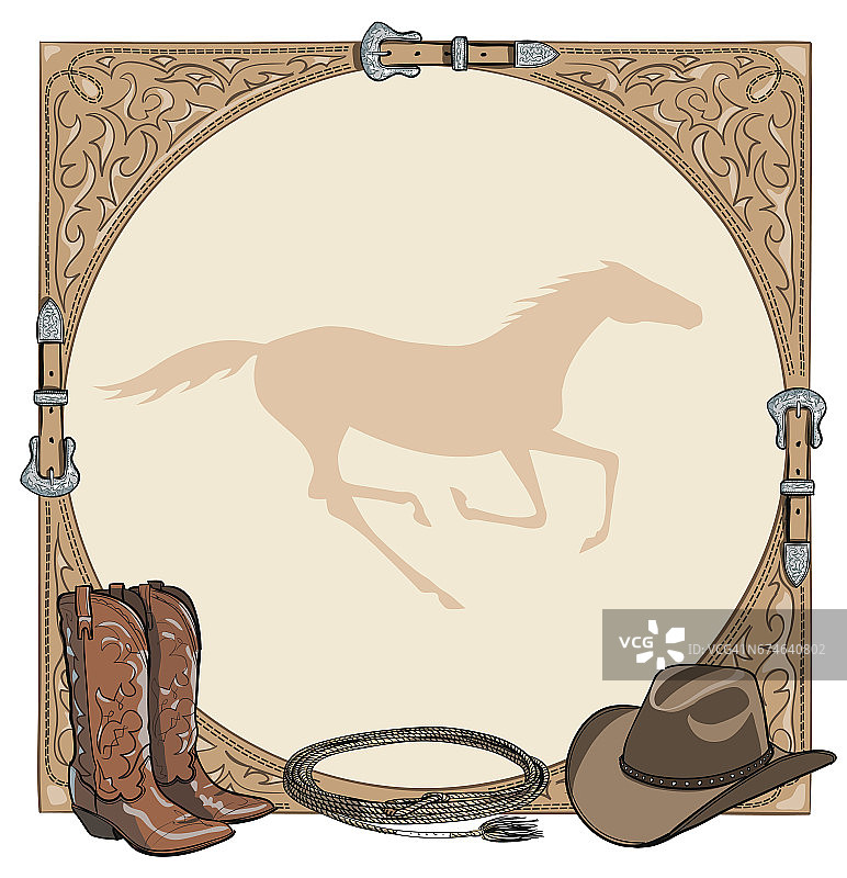 牛仔马在西部皮带架上骑马用马具。西部靴，帽子，套索和疾驰的马。图片素材