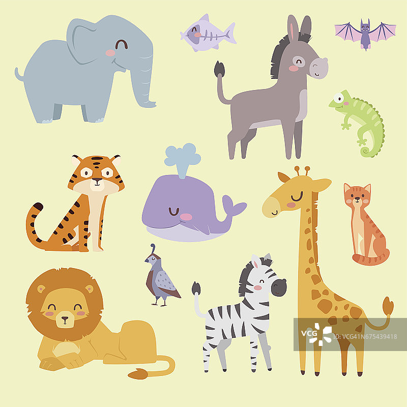 可爱的动物园卡通动物孤立有趣的野生动物学习可爱的语言和热带自然狩猎哺乳动物丛林高大的字符矢量插图图片素材