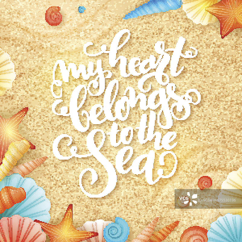 矢量手写字母夏季励志短语与贝壳在沙的背景图片素材