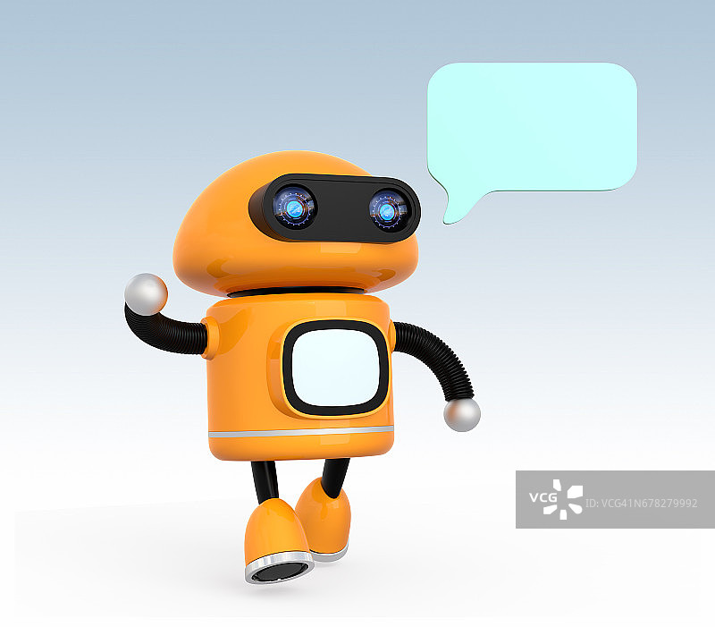 可爱的橙色机器人与文本气泡隔离在浅蓝色背景图片素材