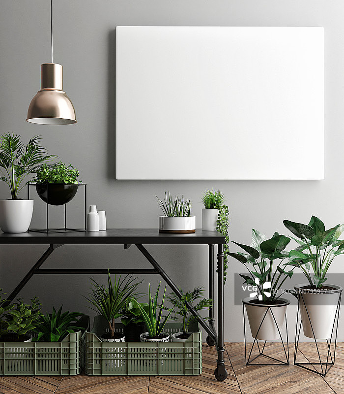 室内海报模型与空框架和植物在房间图片素材
