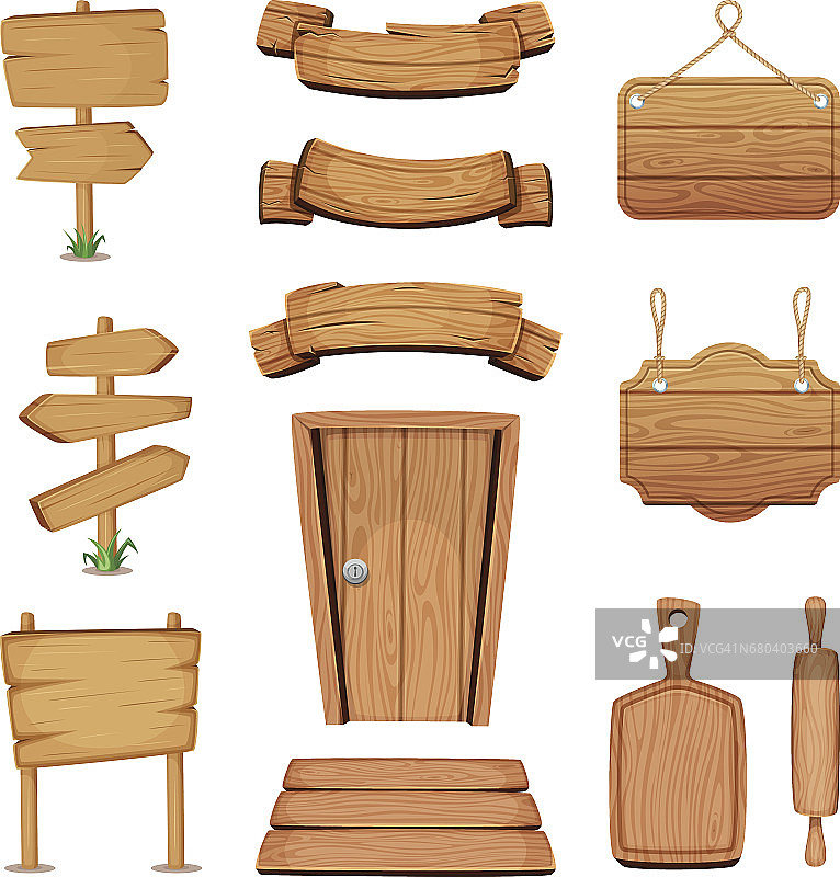 矢量插图的木制招牌，门，板等不同形状的木材纹理图片素材