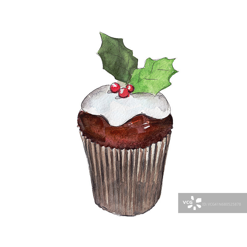 圣诞松饼孤立的白色背景，水彩插图在手绘风格。图片素材