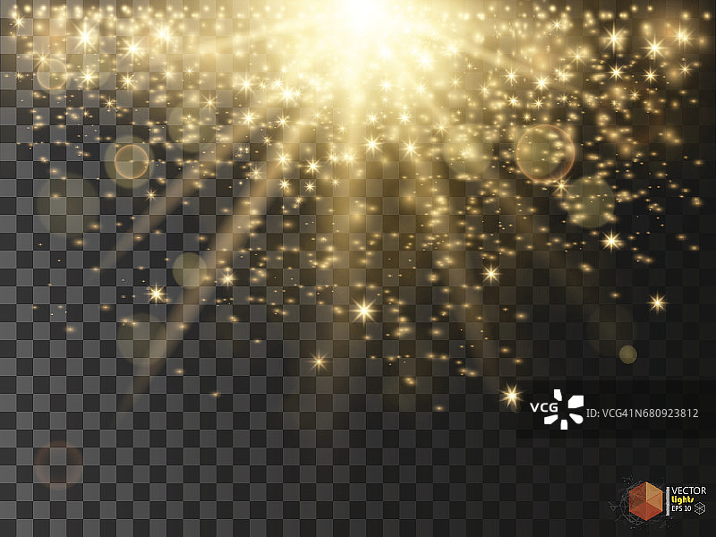 金光闪闪的星尘在透明的背景上拖着闪闪发光的粒子。图片素材