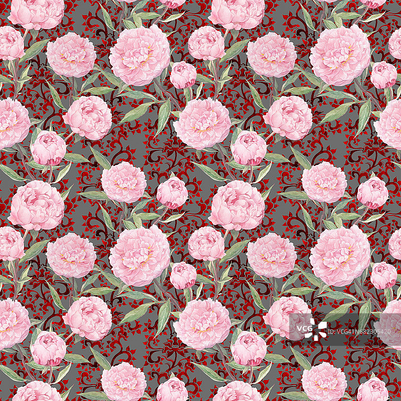 复古的粉红牡丹花。重复的花卉背景，装饰装饰。水彩图片素材