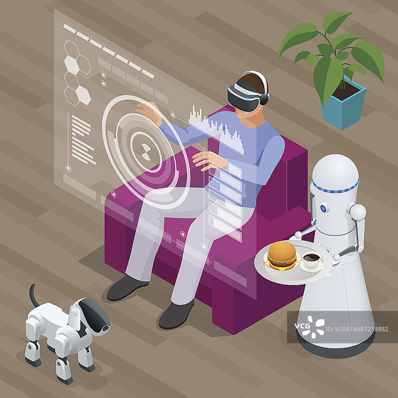 等距技术机器人和人坐在家里的沙发上戴着虚拟现实耳机。图片素材