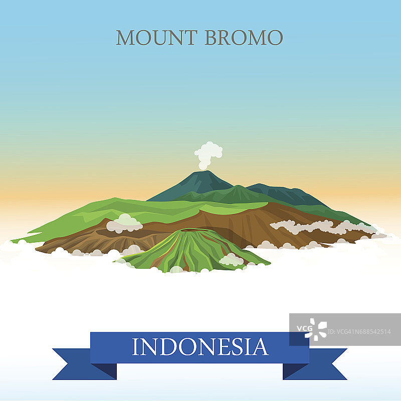 印度尼西亚的布罗莫山。平面卡通风格的历史景点展示景点网站矢量插图。世界各国城市度假旅游观光亚洲收藏。图片素材