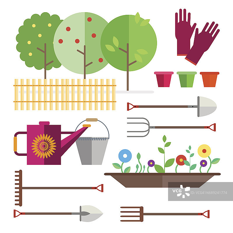 水果花园栅栏。种苗，花，芽，芽。园艺工具图片素材