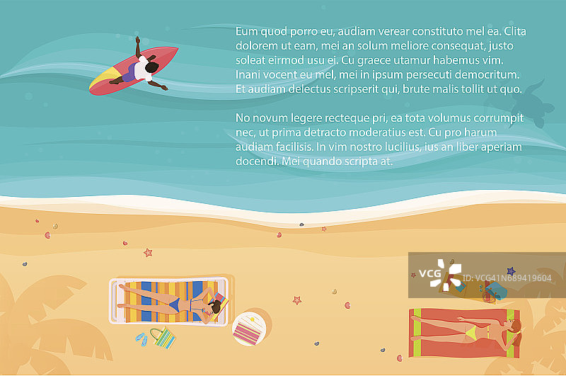 顶视图的异国情调的海滩与人和冲浪者。明亮的颜色矢量插图。图片素材