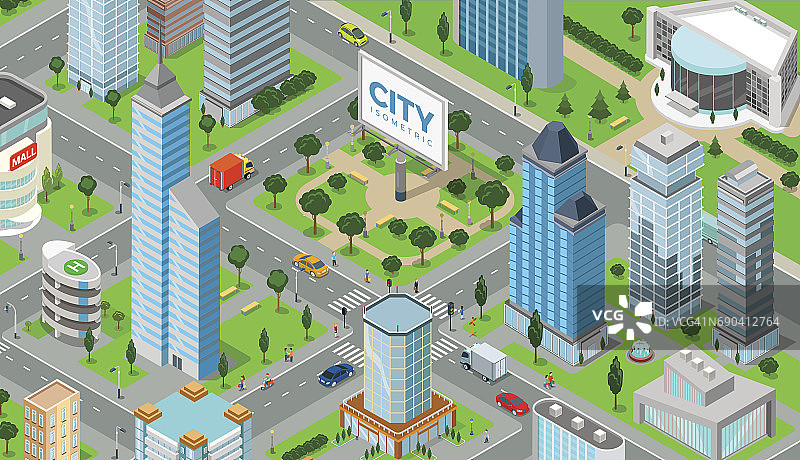 平面等距巨型城市块信息图与道路和十字路口矢量插图。三维等距现代城市建筑和建筑收藏。图片素材