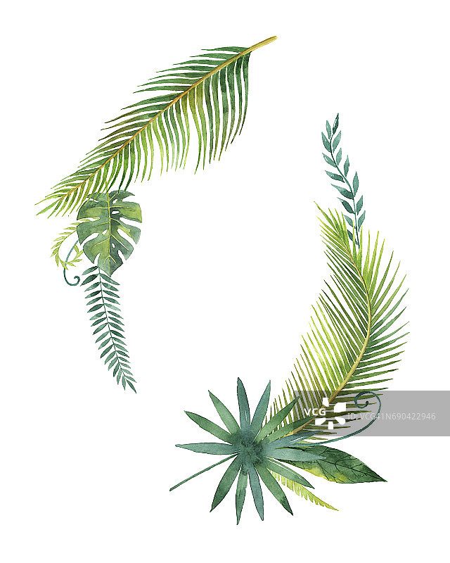 水彩花环热带树叶和树枝孤立在白色的背景。图片素材