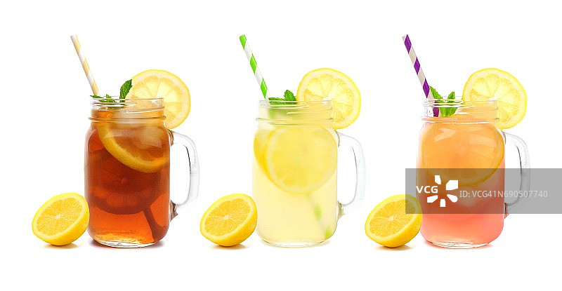 三梅森罐的夏季冰茶，柠檬水，粉红柠檬水饮料孤立在白色图片素材
