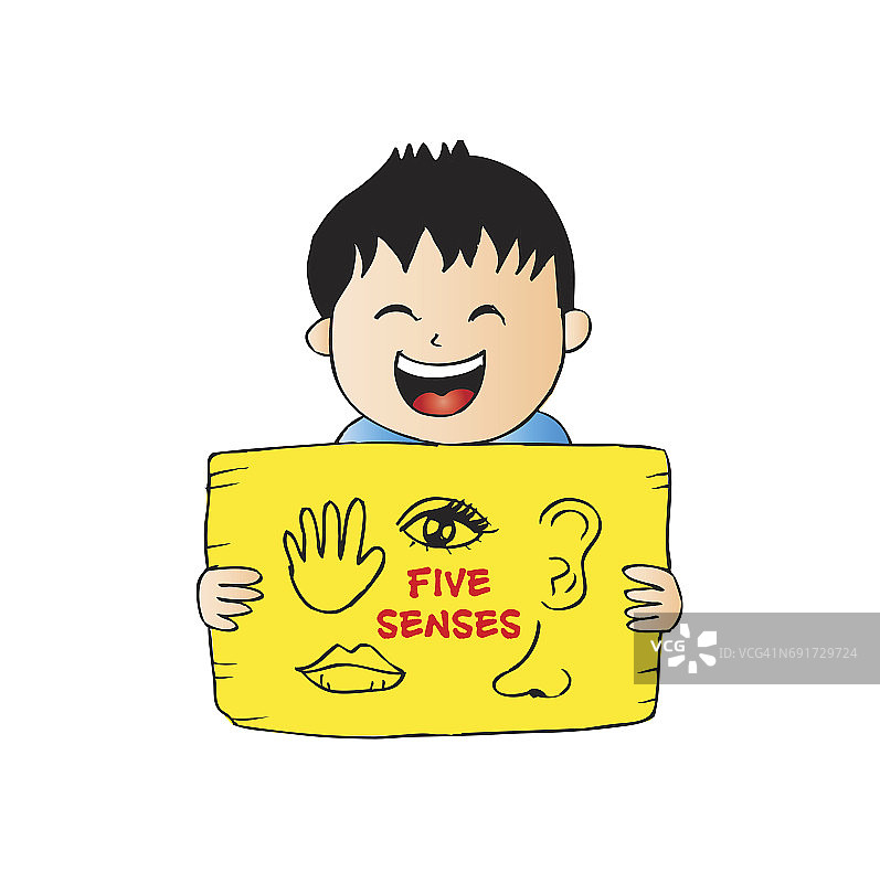 男孩拿着一张纸有五种感觉。手绘插图。图片素材