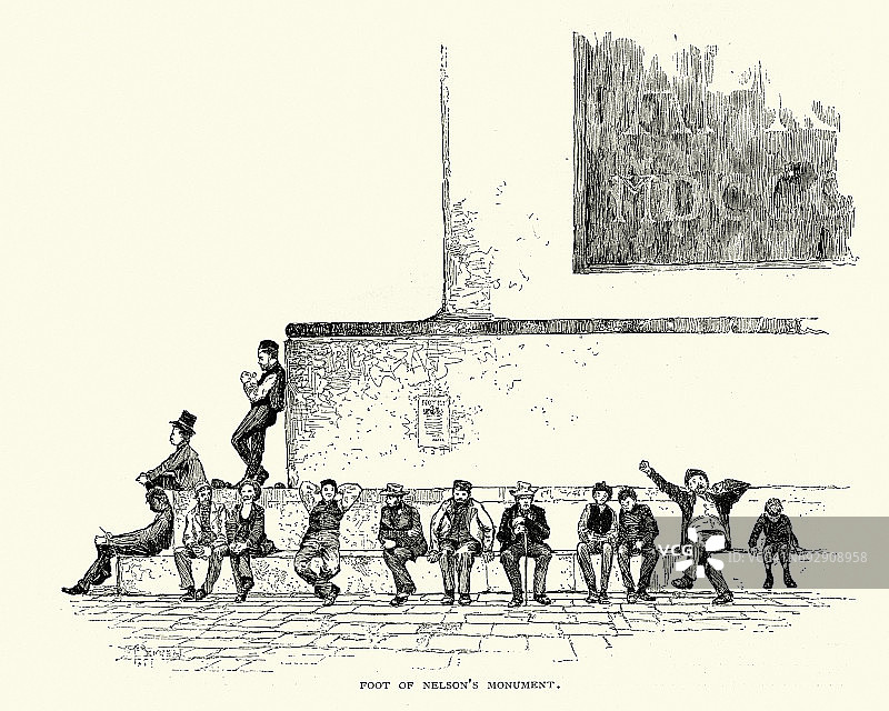 人们坐在纳尔逊纪念柱前，都柏林，19世纪图片素材