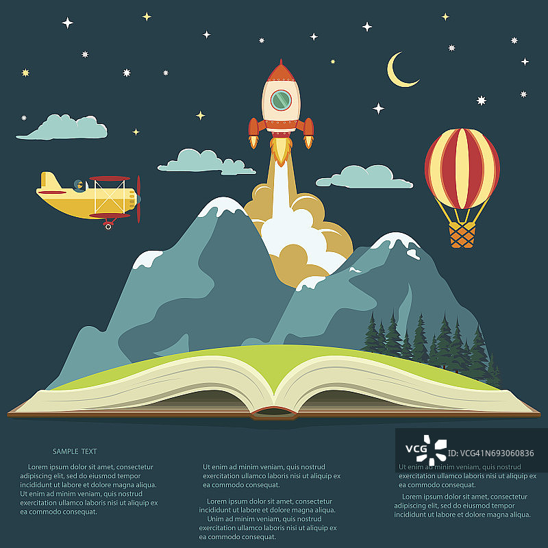 想象概念，打开书本用高山，飞火箭，气球和飞机图片素材