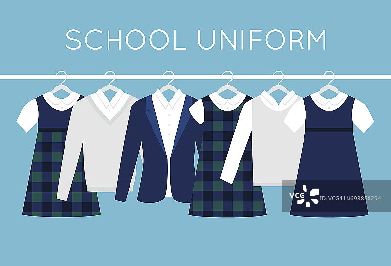 校服挂在衣架上排队。儿童服装向量集图片素材