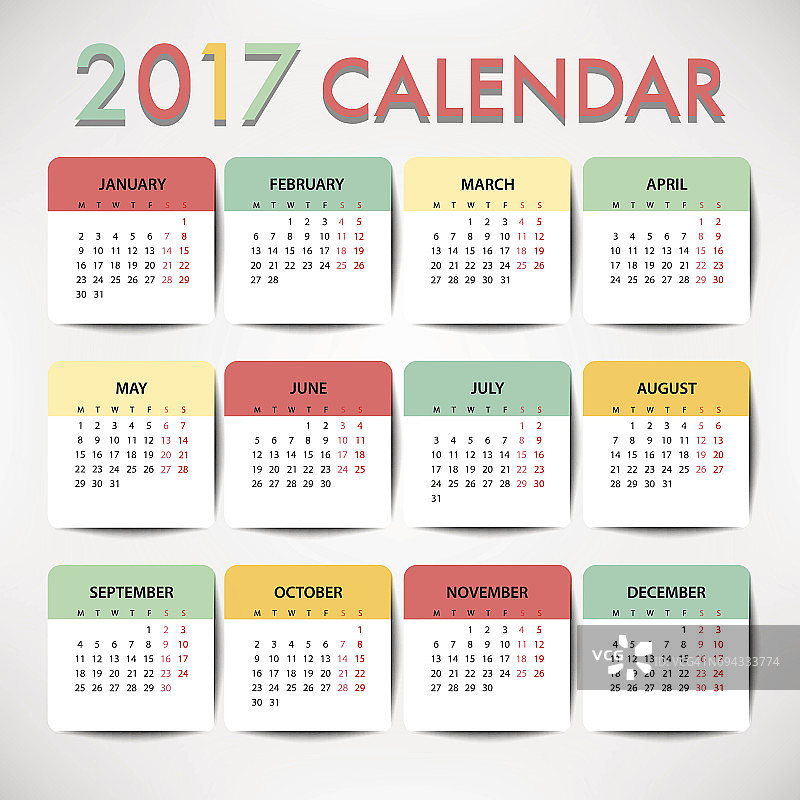 粉彩日历为2017年模板设计。一周星期一图片素材