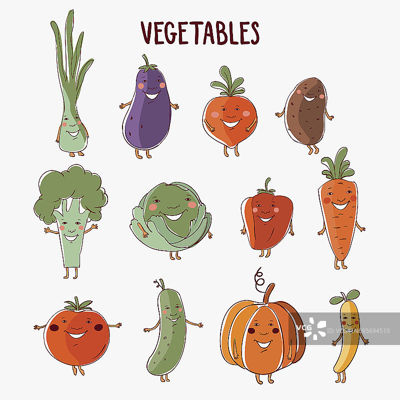 可爱的蔬菜向量设置与白色的背景图片素材