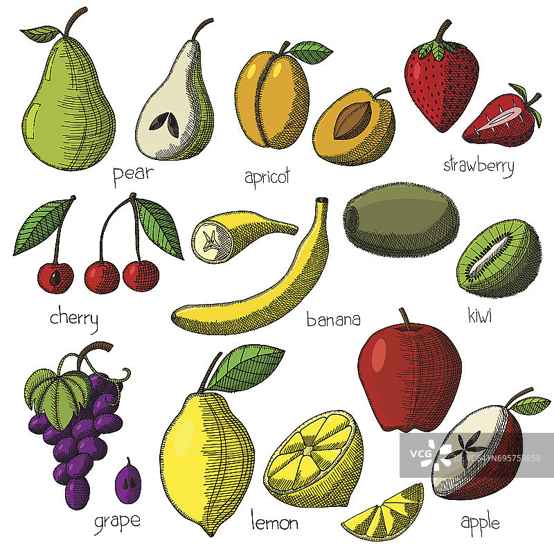 收集卡通多汁的水果和浆果。一套水果和浆果图标。孤立在白色背景上。手绘矢量图像在涂鸦风格。图片素材