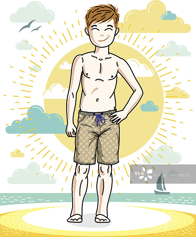 可爱的小男孩穿着时尚的沙滩短裤站在那里。向量有吸引力的孩子插图。童年生活剪辑艺术。图片素材