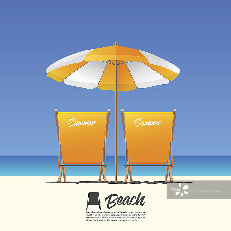 两张橙色的夏日沙滩椅和橙色的沙滩伞。蓝色渐变天空背景。图片素材