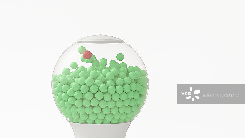 口香糖机有很多绿色的球和一个红色的球，3d渲染图片素材