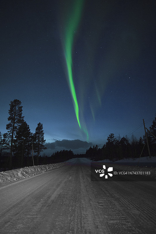瑞典基律那的田园诗般的北极光在白雪覆盖的道路上的夜晚图片素材
