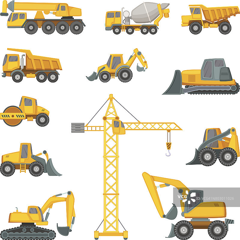 重型建筑机器。挖掘机、推土机等技术。矢量插图卡通风格图片素材