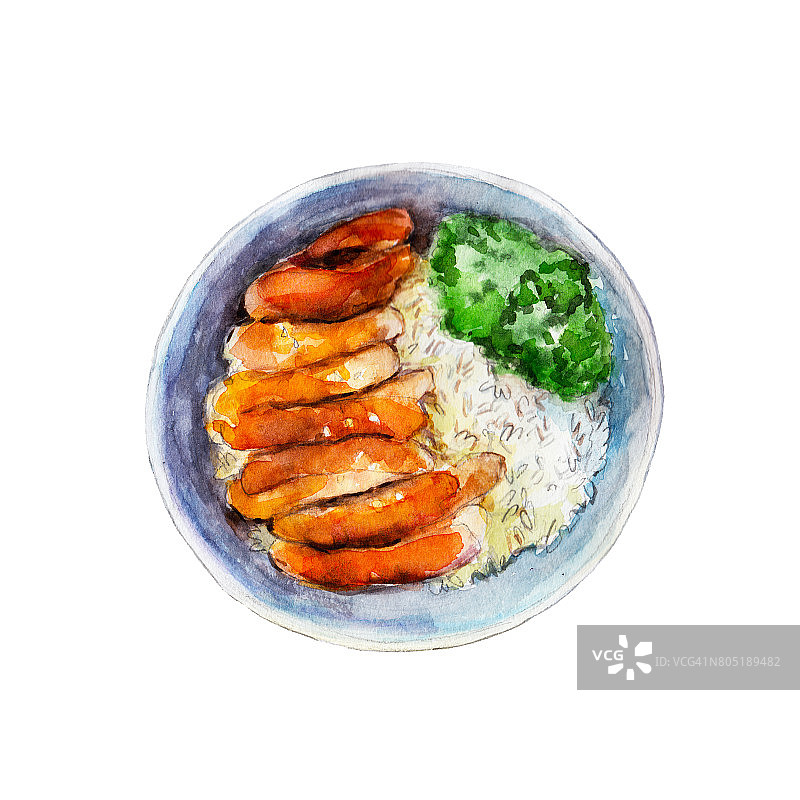 鸡红烧米饭和蔬菜，水彩插图孤立在白色背景。图片素材