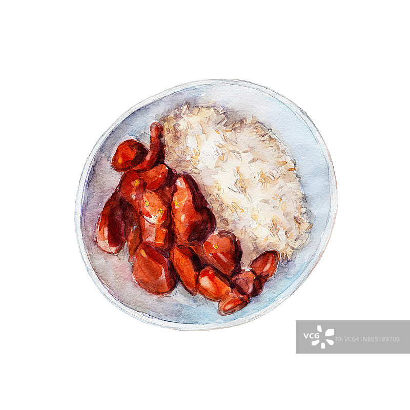 鸡红烧米饭，水彩插图孤立在白色背景。图片素材