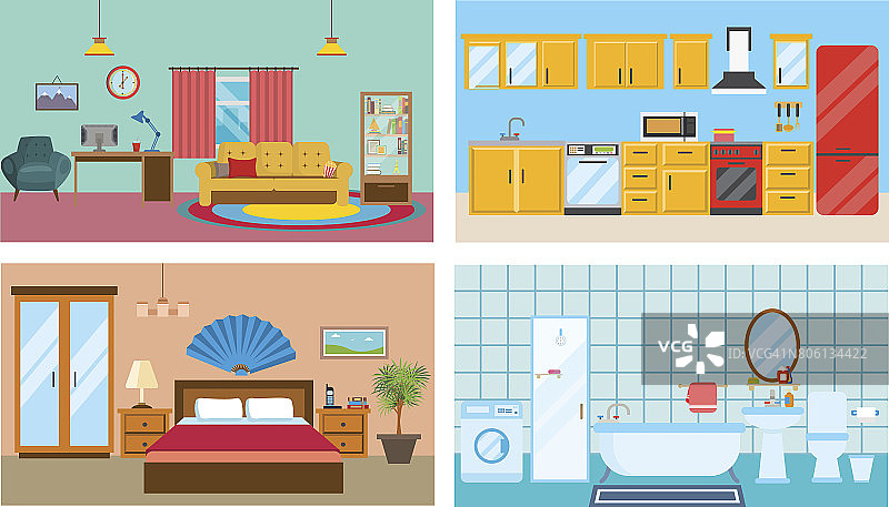 现代室内的房间:客厅，厨房，卧室，时尚的浴室图片素材