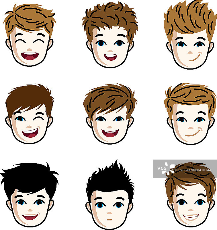 收集男孩的脸表达不同的情绪，如快乐和做一些鬼脸，矢量人头插图。一群红发和深色头发的青少年。图片素材