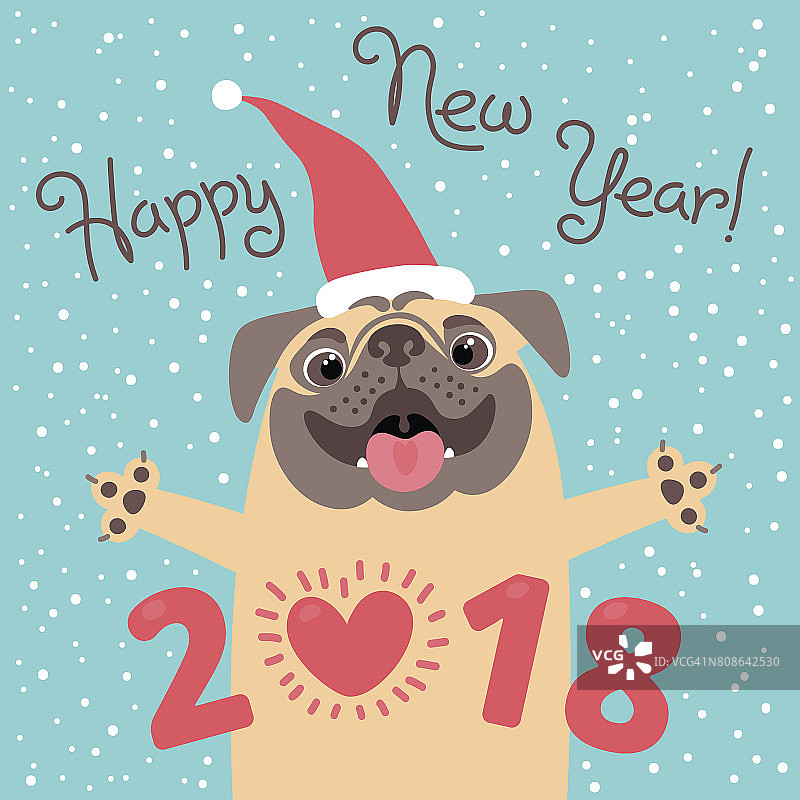 2018年贺年卡快乐。有趣的哈巴狗祝贺你度假。狗是中国生肖中的生肖图片素材
