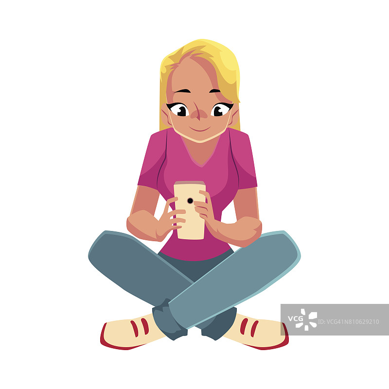 年轻女子交叉双腿坐着玩智能手机图片素材