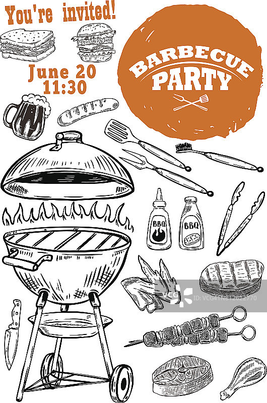 烧烤派对邀请模板。手绘烧烤和烧烤设计元素。矢量图图片素材