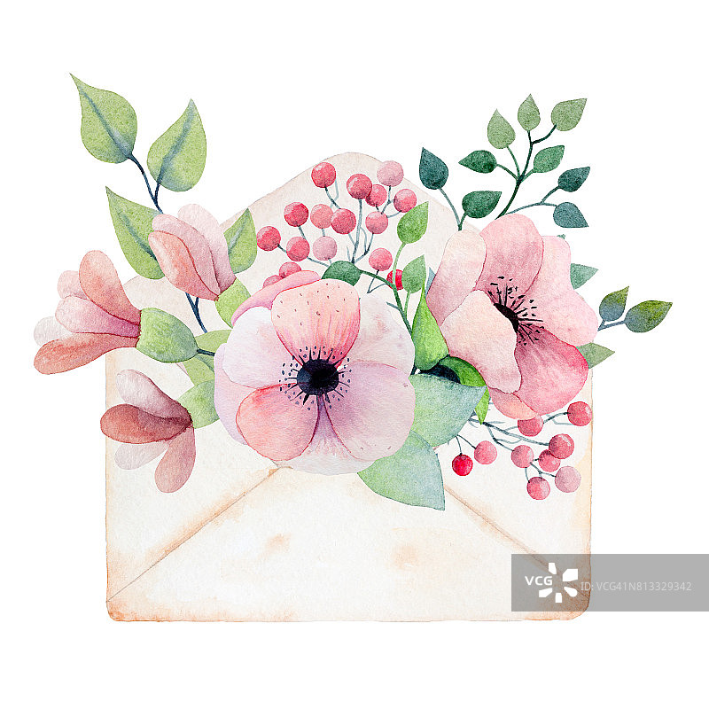 水彩信封与花图片素材