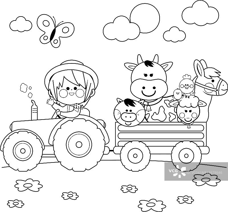农家男孩开着拖拉机，驮着家畜。黑白涂色书页图片素材
