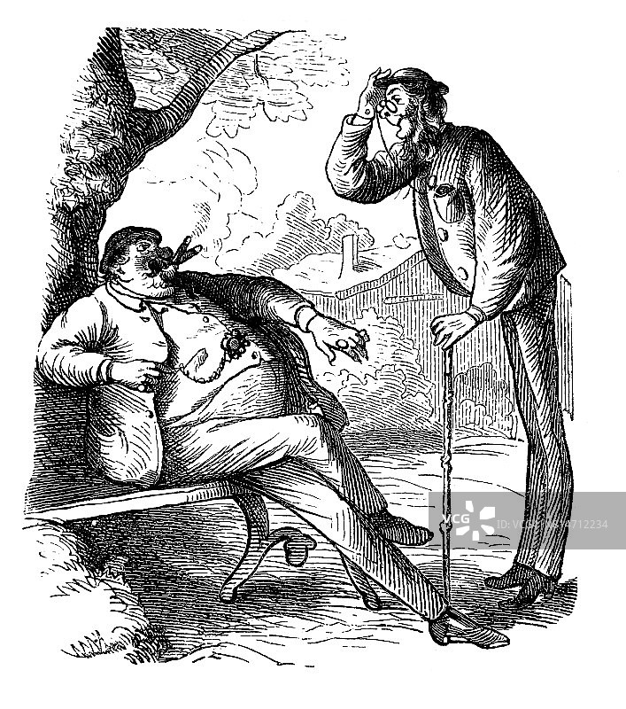 一个穿着考究的胖子坐在公园的树下抽着两根雪茄。一个戴眼镜的高个子男子对着正在吸烟的男子做手势。幽默的场景-插图1867图片素材
