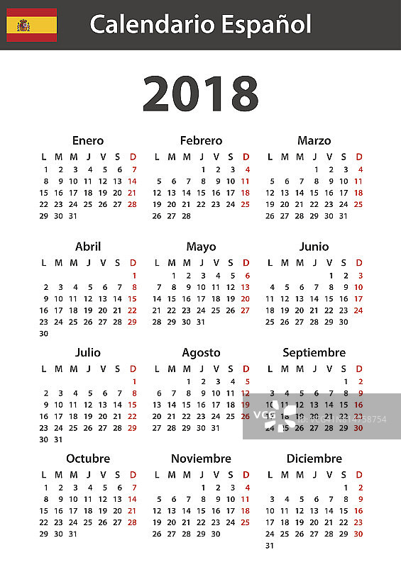 2018年西班牙日历。调度程序，议程或日记模板。一周从周一开始图片素材