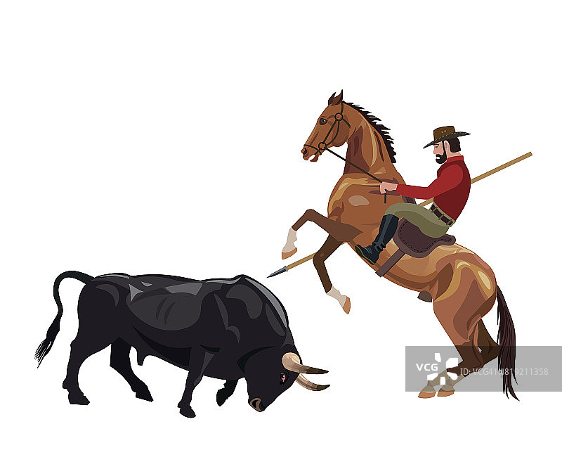 骑在马上的骑士与公牛搏斗图片素材