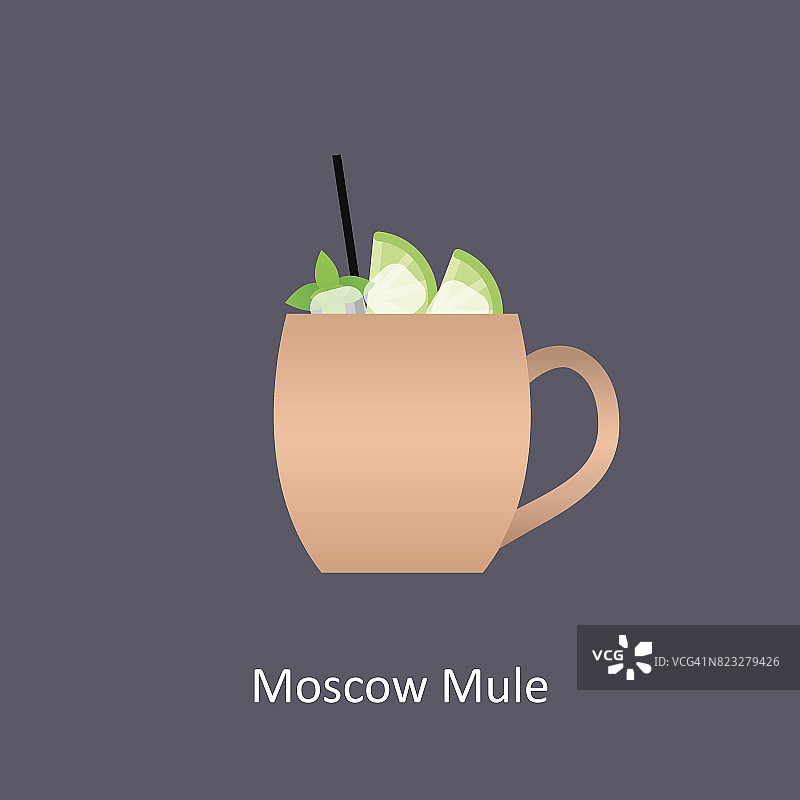 莫斯科骡子鸡尾酒图标在黑暗的背景在平坦的风格图片素材