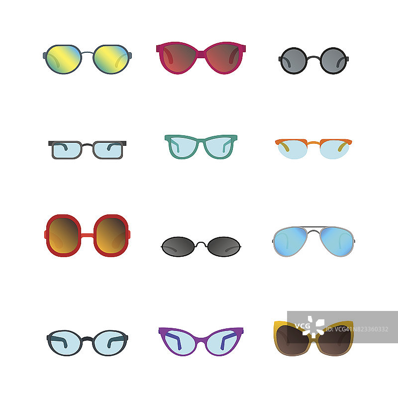 卡通眼镜和太阳镜颜色图标集。向量图片素材