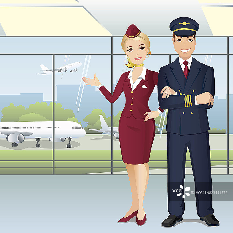 商业航空公司在机场的飞行员和乘务员。图片素材