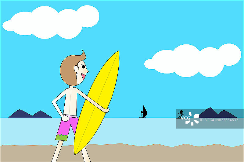 卡通办公室男子度假夏天度假海滩与冲浪板图片素材