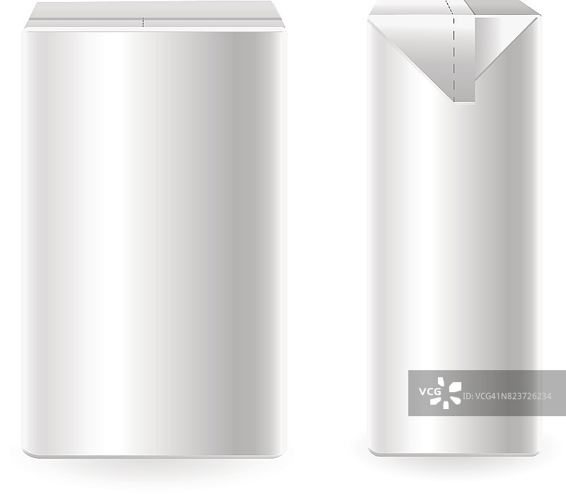 模拟牛奶或果汁盒在白色的背景。现实的纸箱一升包装。图片素材