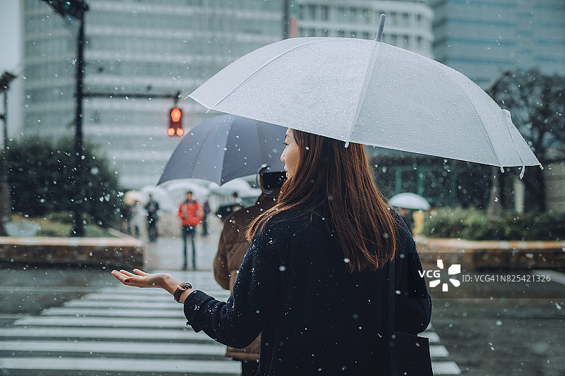 年轻女子撑着伞在城市街道上享受降雪图片素材