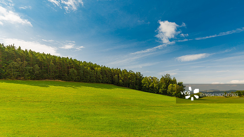 明亮茂盛的草地和晴朗的蓝天的背景摄影。户外乡村草甸自然。乡村牧场景观与平原绿草。图片素材